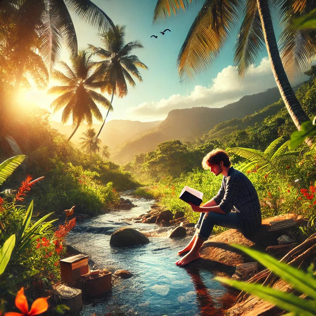 Puerto Rico - Young Man reading with feet in river